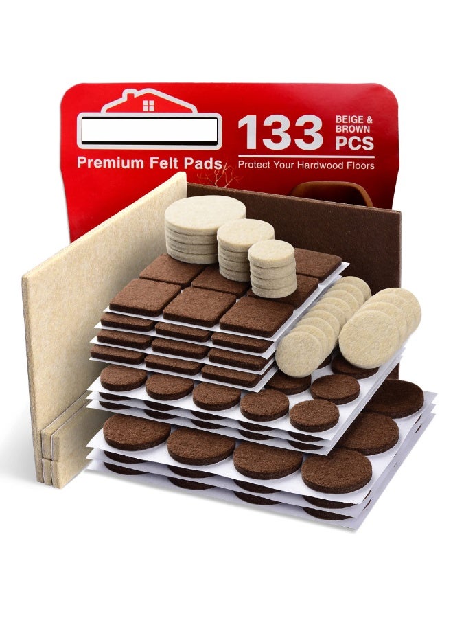HOMESTAR 133 Pcs Felt Furniture Pads Floor Protectors, Self-Adhesive Round And Square Felt Pads For Chair Legs, Non-Slip Noise Reduction Floor Protectors, Thick Anti Scratch Felt Pads Furniture Feet Pads for Chair, Table, Wardrobe, Sofa, Brown/Beige - Image 1